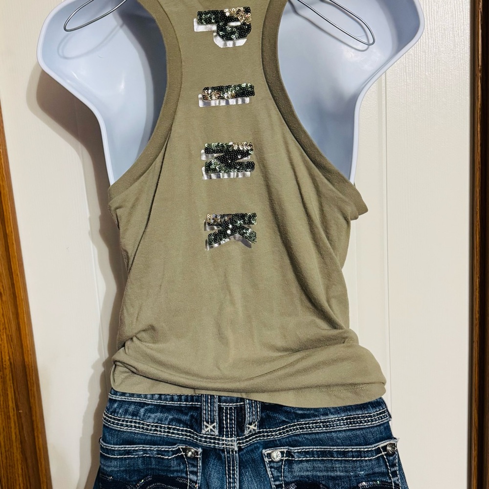 💚 VS PINK Bling Sequin Green Olive Tank Top 💚 - Picture 3 of 6